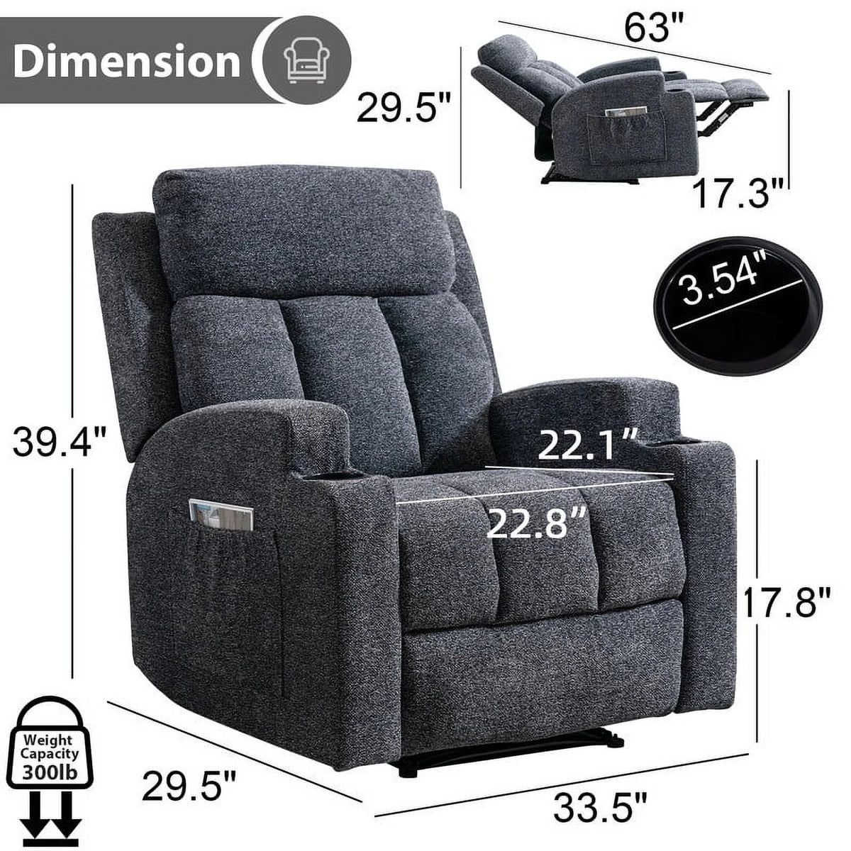 Bonzy Home Heated Manual Massage Recliner with Cup Holder Padded Breathable Fabric Recliner, Home Theater Seating Navy