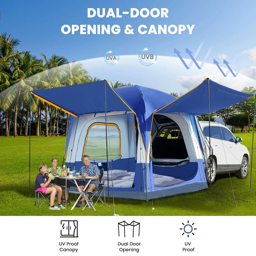 MOPHOTO SUV Tents for Camping 4 People, PU 3000mm Waterproof SUV Tent Attachment Tailgate Tent for Car Jeep Van, Spacious Space 8.2'L x 8.2'W x 7.2'H with 2 Awnings & Double Door