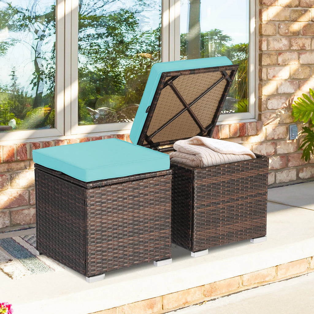 Costway 2PC Patio Rattan Ottoman Seat Side Table Storage Box Footrest Off White