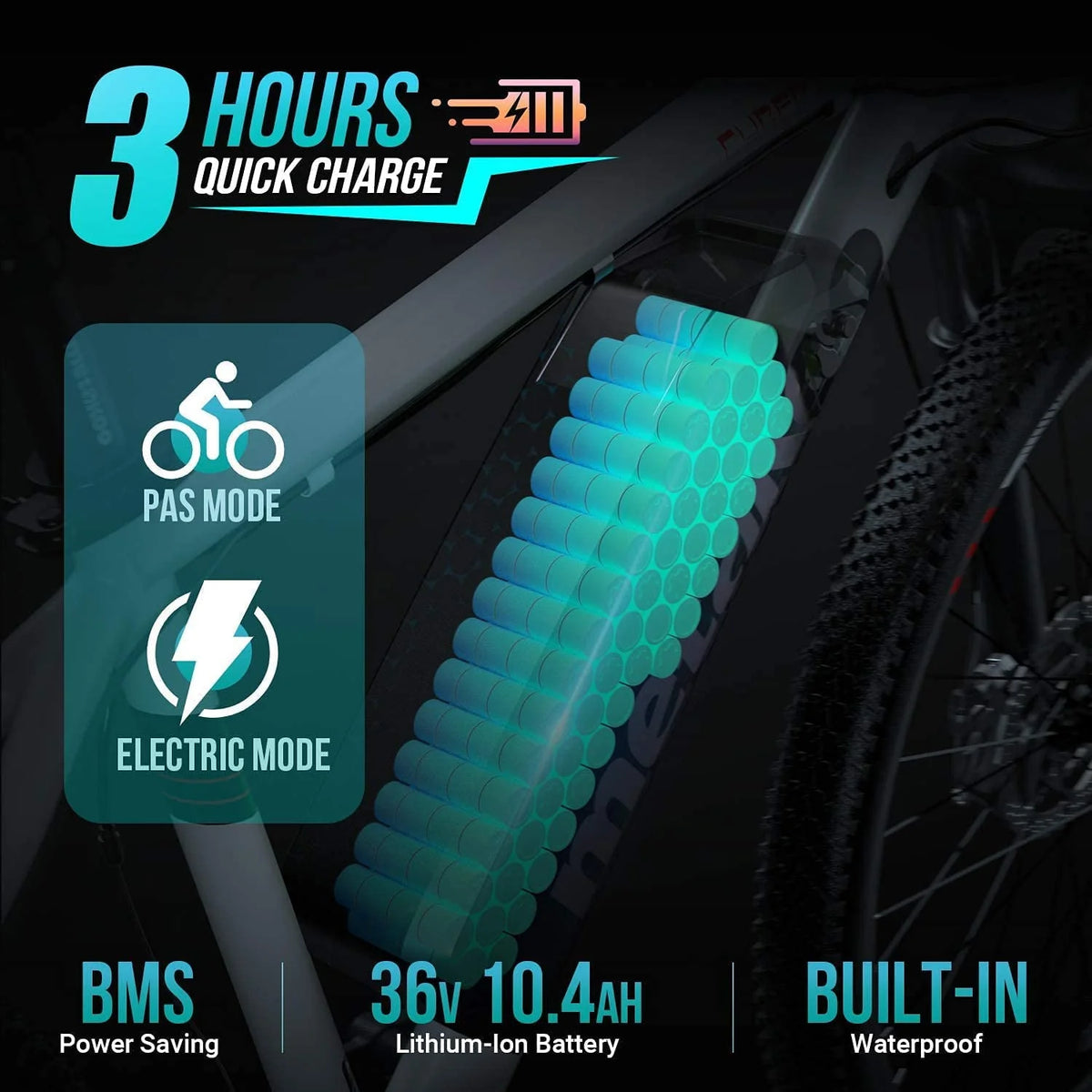 Metakoo 26 In. Mountain Electric Bicycle, 350 W Motor, 3 Hours Fast Charge, 36V Removable Battery, 20Mph with 21 Speed Gears, Black