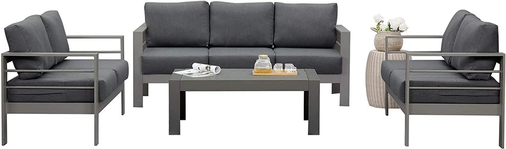 Superjoe Patio Furniture Aluminum Sofa All-Weather Outdoor 3 Seats Couch Gray Metal Chair with Dark Grey Cushions