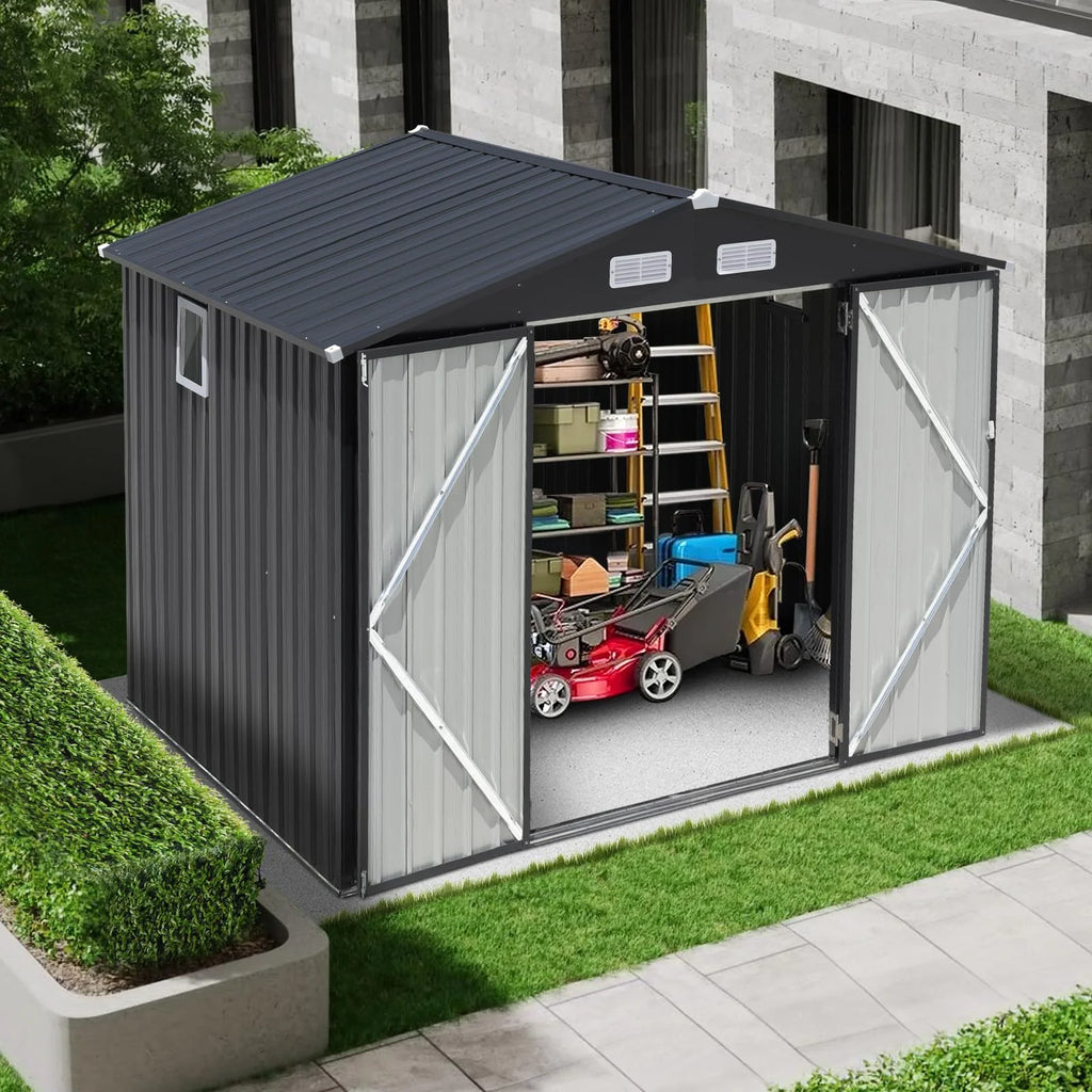 JOIVI 8'x6' Outdoor Storage Shed, Galvanized Metal Tool Storage Shed, Weather Resistant Garden Shed W/Lock for Backyard Patio Lawn, Brown
