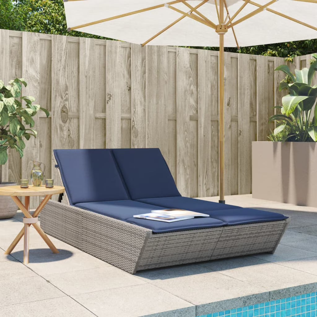 vidaXL Double Sun Lounger with Cushions Outdoor Poly Rattan Brown/Gray/Black