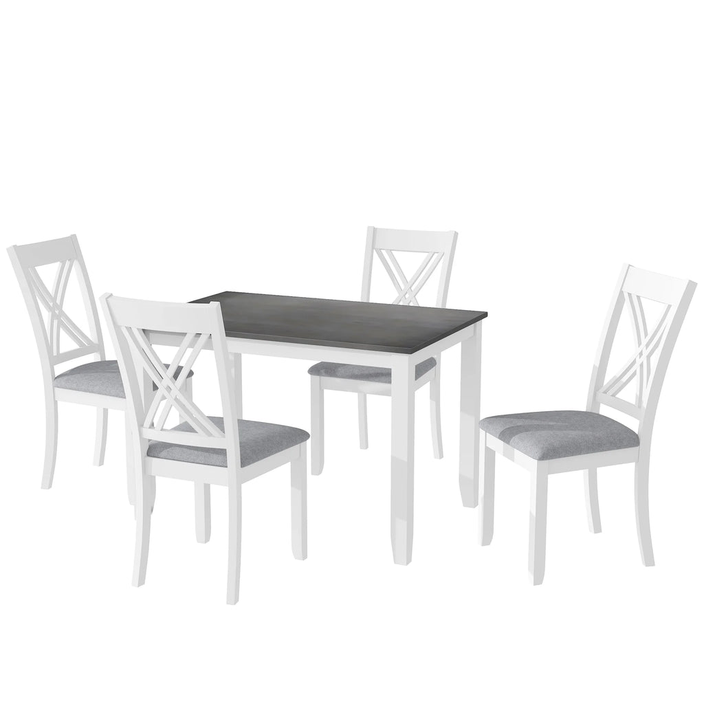 Seizeen Solid Wood Kitchen Table and Chairs, Dining Room Table Set for 4 with Gray Upholstered Chairs, Wood Grain Table Heavy-Duty Frame, Rustic Minimalist Style Breakfast Nook Set
