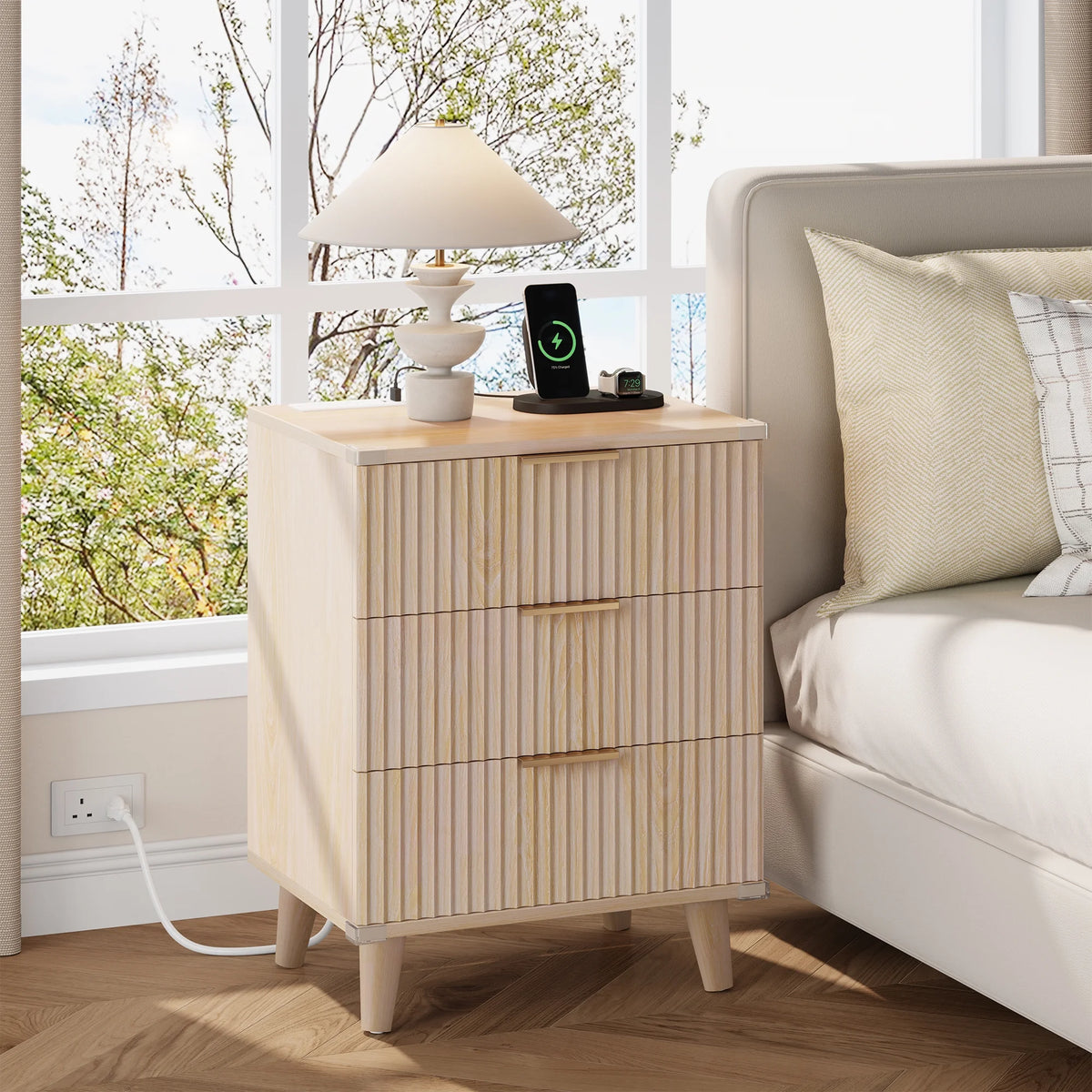 GIKPAL Bedroom Dresser and Nightstand 3 Piece Set - Includes Boho Double 6 Drawer Storage Dresser, Nightstand Set of 2 with Charging Station, Modern Bedroom Set, Natural