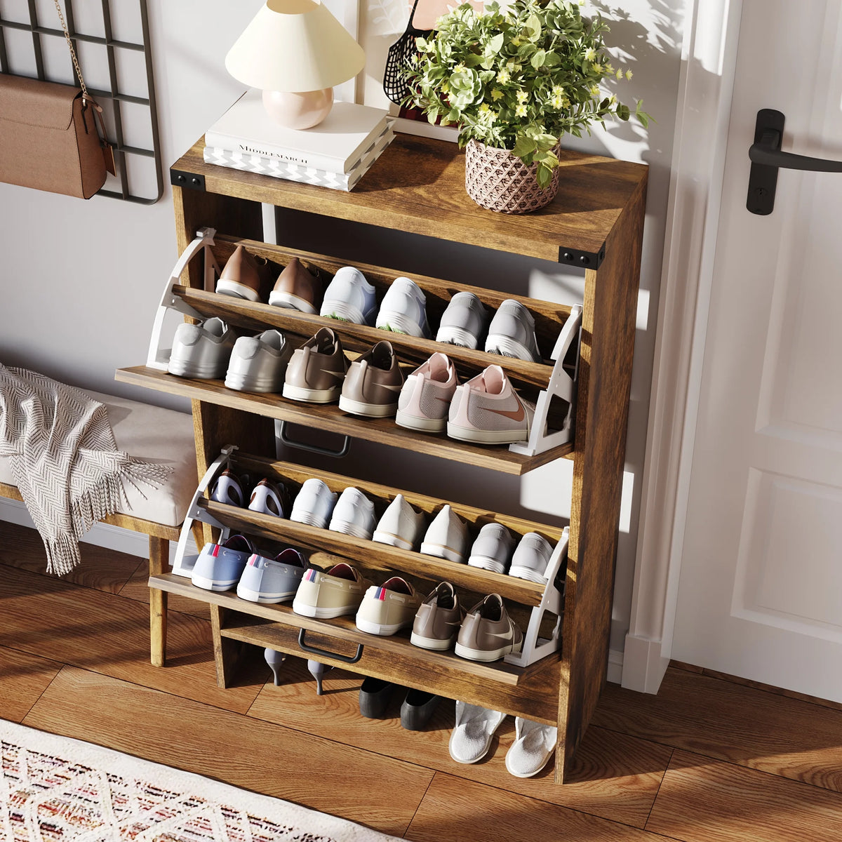 VEANERWOOD Shoes Storage Cabinet With Doors, Farmhouse Shoe Cabinet With 2 Flip Drawers For Entryway,Gray