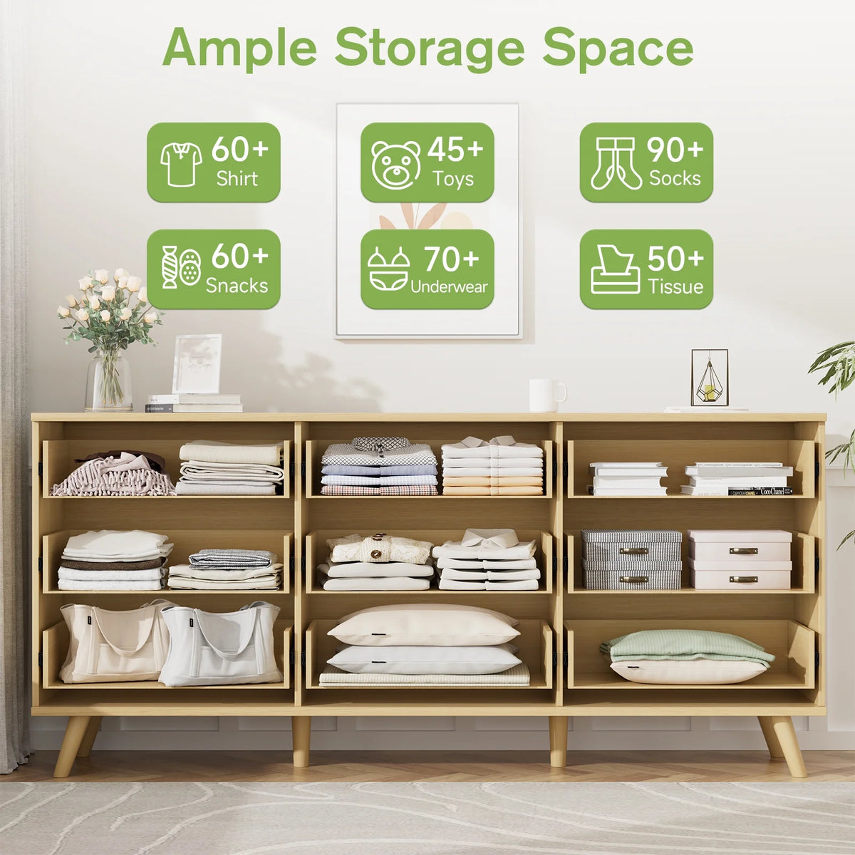 Planntonneo Boho Fluted 6 Drawer Dresser, Wooden Chests for Bedroom
