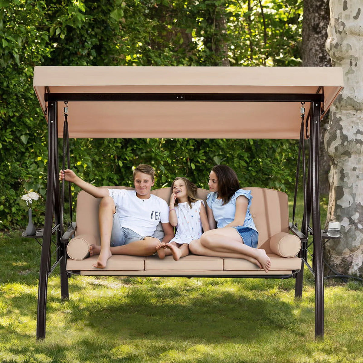 Homrest 3 Person Patio Outdoor Porch Swing with Adjustable Canopy, Backrest, Swing Bed with Stand for Garden,Deck