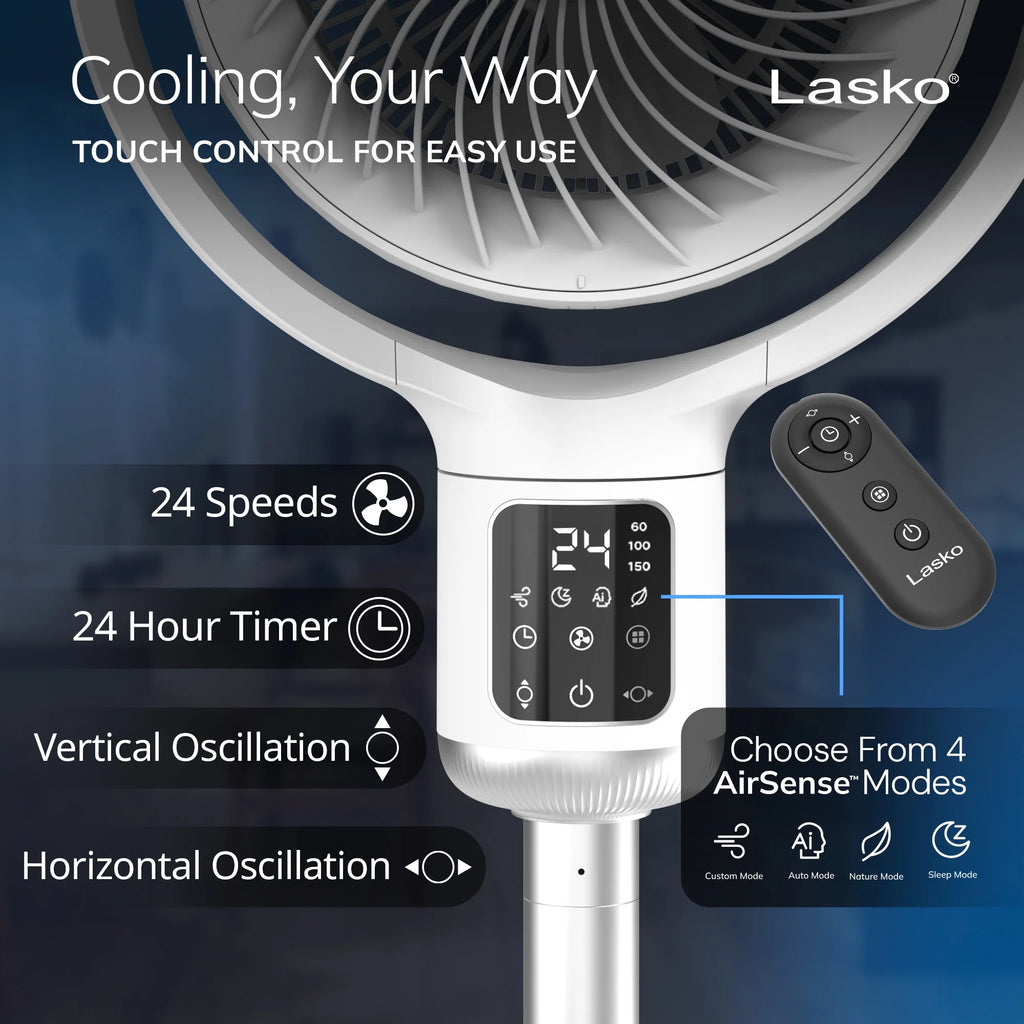 Lasko Whirlwind 7 24-Speed Orbital Motion 25ft/s Airflow Remote Control Pedestal Fan, APDC301