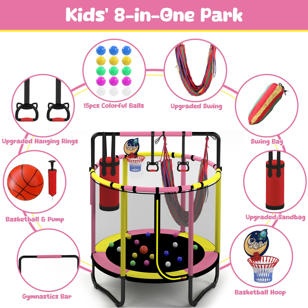 Mini Round Trampoline for Kids with Basketball Hoop, SEGMART 55'' Indoor Outdoor Toddler Trampoline with Enclosure Net, Swing, Sandbag, Ring, Ocean Balls, Small Trampoline Gift for Boys Girls, Blue