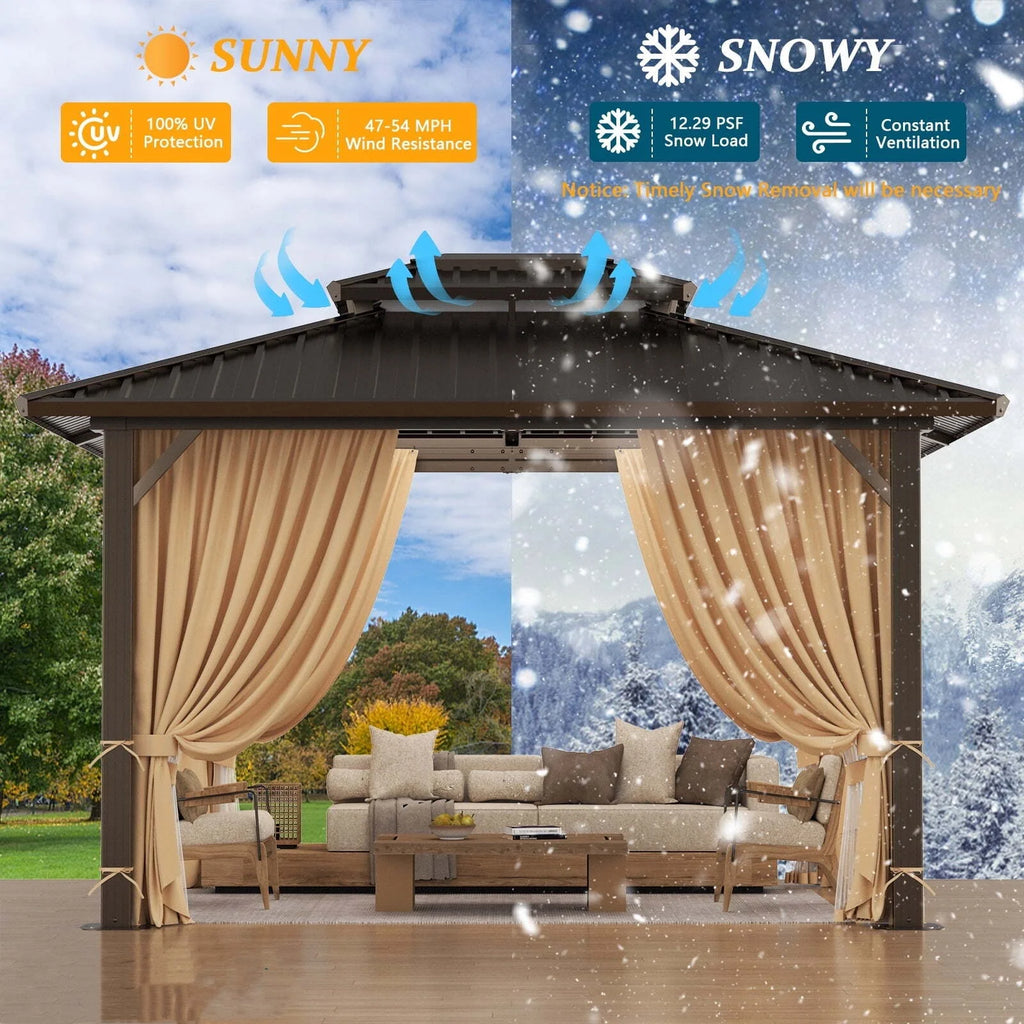 COBIZI 10x12 Hardtop Gazebo Aluminum Gazebos with Galvanized Steel Double Roof Metal Gazebo with Curtains and Netting Permanent Steel Gazebo for Backyard, Garden and Patio, Brown