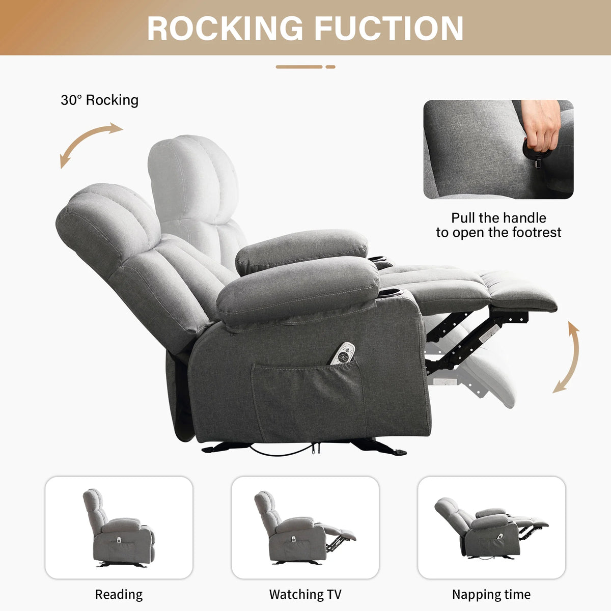 JONPONY Manual Recliner Chair with Heat Therapy and Massage Function, Heavy Duty Reclining Mechanism Massage Chair, Elderly Single Rocker Sofa with Cup Holders for Bedroom Home Theater,Grey