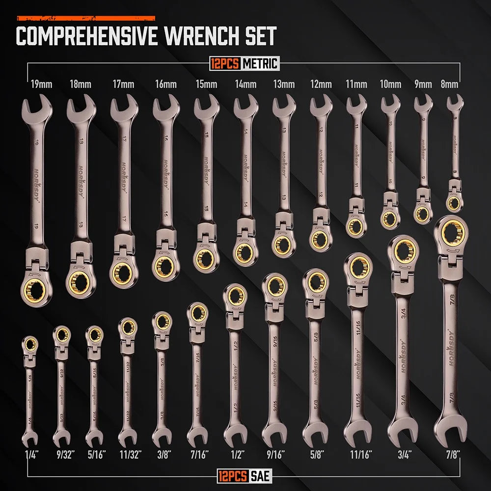 24PC Flex-Head Ratcheting Wrench Set Metric & SAE w/ Organizer 8-19mm 1/4"-7/8"