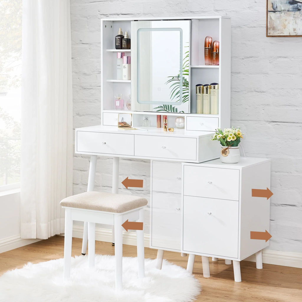 BEWISHOME Vanity Desk, White Vanity with Charging Station & Nightstand, Makeup Desk Makeup Vanity with Lights with 3 Colors Modes, Makeup Table Vanity Table with Sliding Mirror Dressing Table FST19W