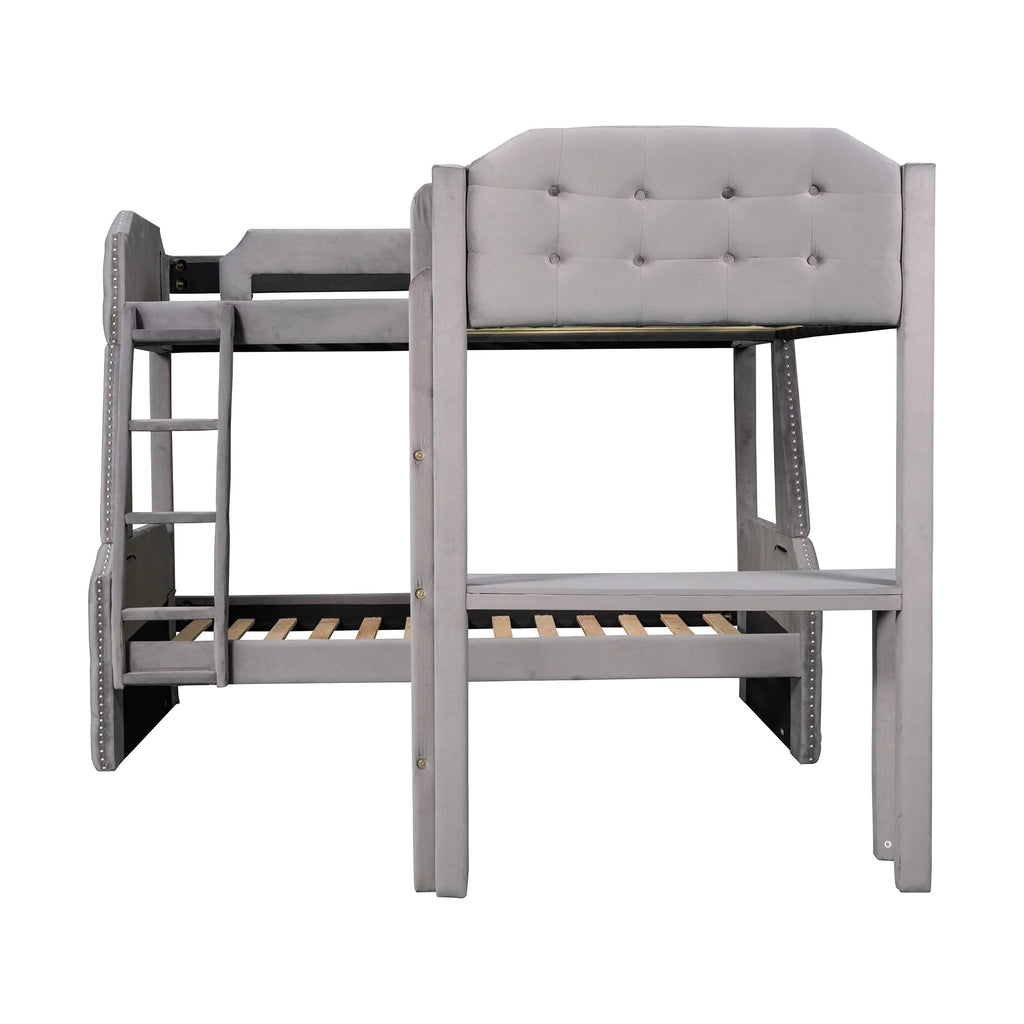 EUROCO Upholstery L-Shaped Twin over Full Bunk Bed and Twin Loft Bed with Desk for Kids Bedroom, Gray