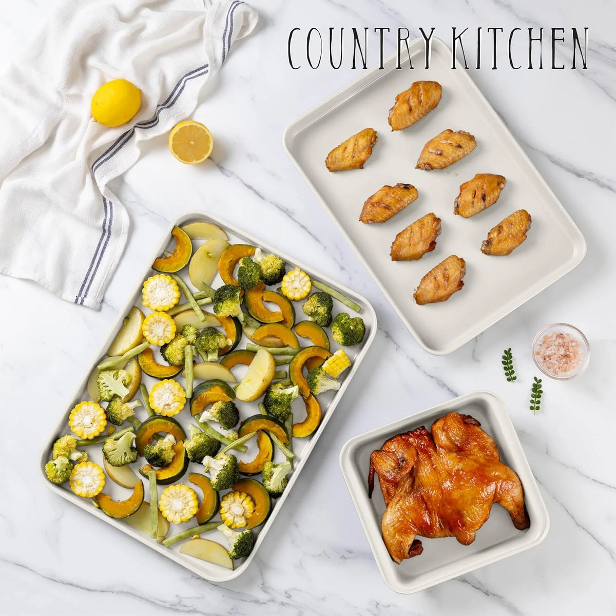 Country Kitchen 13-Piece Nonstick Cookware and Bakeware Set - Pots and Pans Collection with Stackable Design, Cream