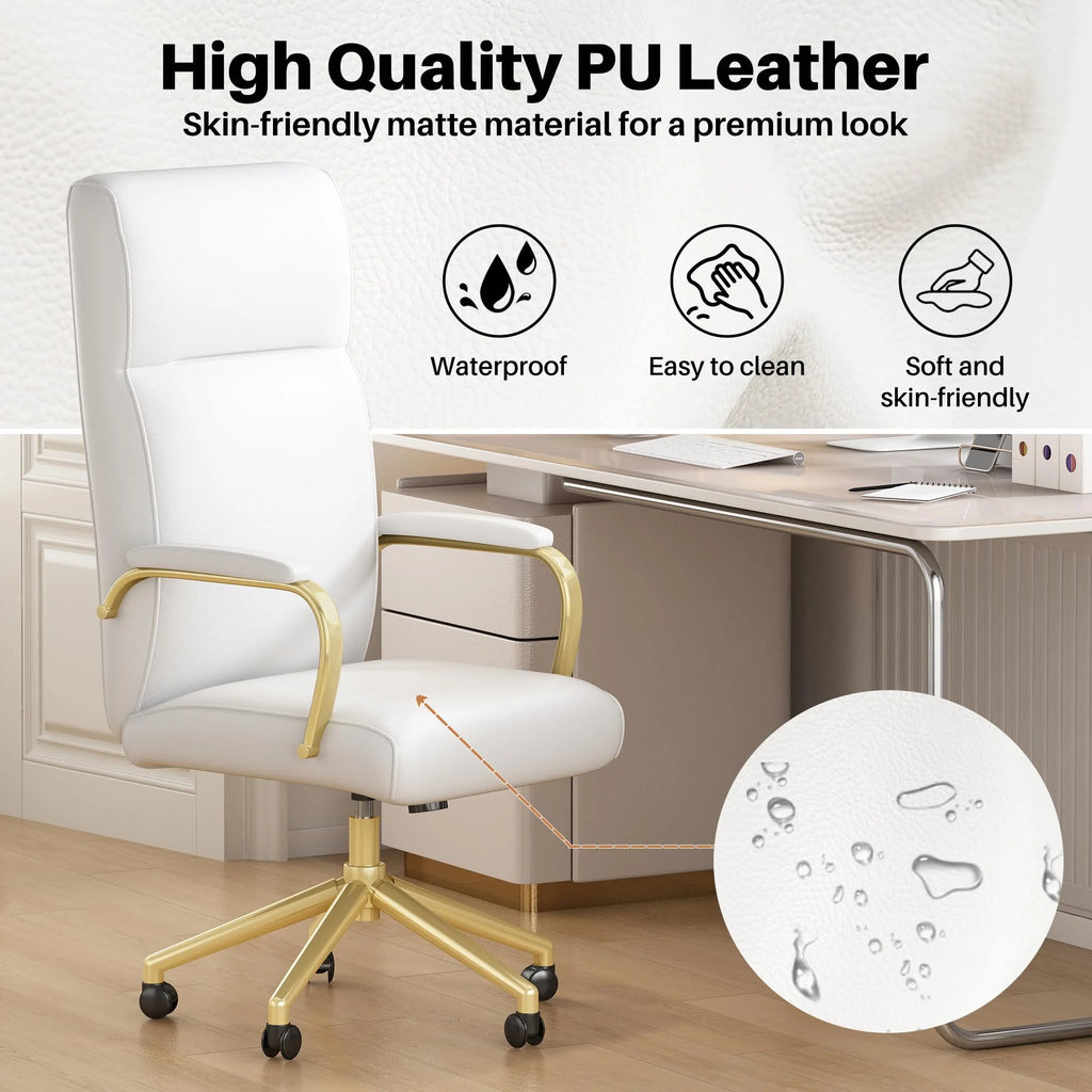 White and Gold Office Desk Chair Memory Foam, High Back Leather Executive Office Chair with Wheels and Arms for Women Girls Teens Adults