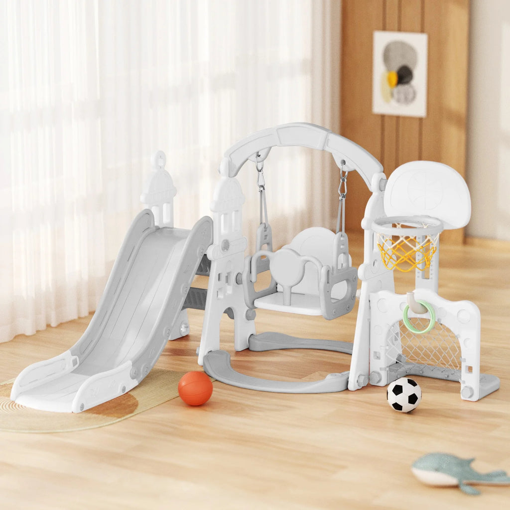 KORIMEFA 6-in-1 Kids Slide and Swing Set - Perfect for Toddlers 1-6 Years - Indoor and Outdoor Playground Slide, Swing, Basketball Hoop, and Climber Toy