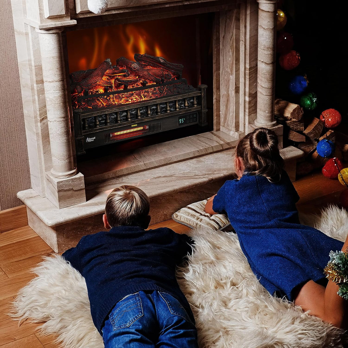 TURBRO Eternal Flame 26 in. WiFi Infrared Quartz Electric Fireplace Log Heater with Sound Crackling, Realistic Pinewood Logs, Adjustable Flame Colors, Remote Control, Thermostat, Timer, 1500W Bronze