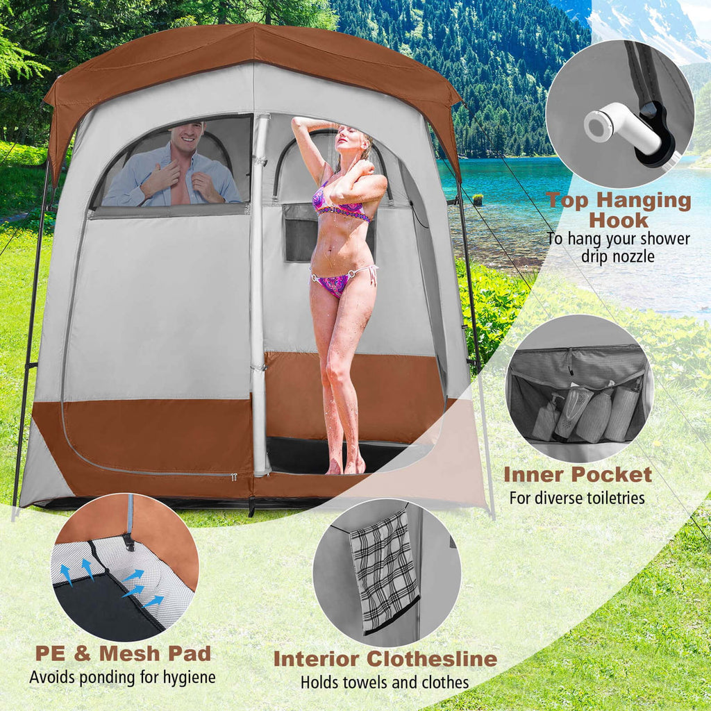 Costway 2 Room Shower Tent Oversize Privacy Shelter Portable Dressing Toilet Outdoor Gray