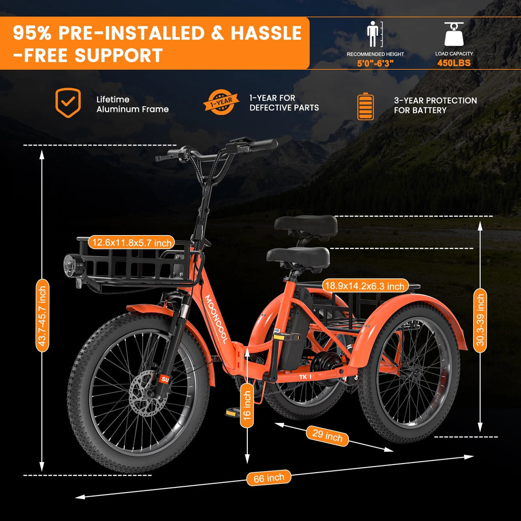 MOONCOOL TK1 Folding Electric Tricycle for Adults,48V 14.5Ah Removable battery, 500W Peak 1000w Motor, 20" Fat Tire Step-Thru 3Wheel Electric Bicycle w/Front&Rear Baskets, Certified to UL 2849 by SGS