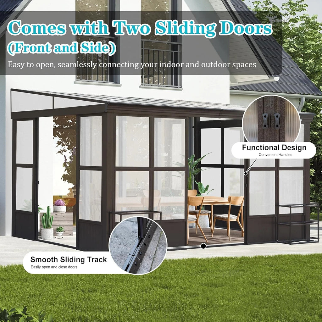 Domi Outdoor Living 10' x 12' Hardtop Lean-to Gazebo, Wall-Mounted with Galvanized Steel Roof Wall Pergola with Aluminum Frame, Curtains and Netting, for Patio, Deck, Garden, Backyard