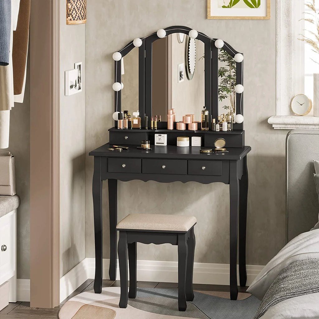Afuhokles Vanity Table Set with Lighted Tri-Fold Mirror and Stool, Makeup Vanity Dressing Desk 5 Drawers, White