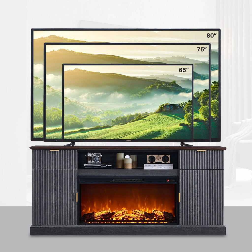 SinCiDo Fluted Fireplace TV Stand for 80 inch, Entertainment Center with 36" Electric Fireplace, 2 Drawers and Adjustable Shelves, Wood TV Stand for Living Room