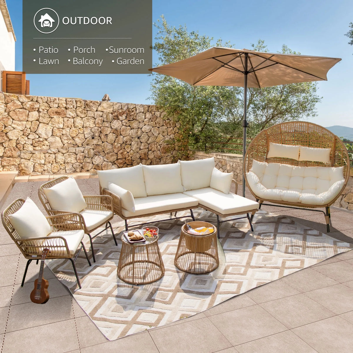RADIATA 6-Piece Boho Patio Furniture Set, Outdoor Wicker Sectional Sofa Conversation Set with Ice Bucket & Coffee Table, 500lbs Capacity, Beige