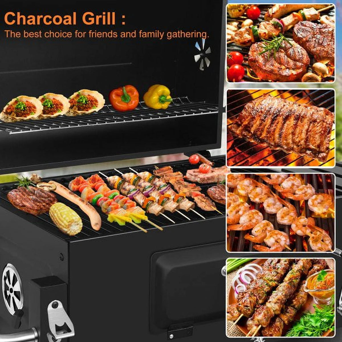 AEDILYS 25 inch Charcoal Grill Outdoor Smoker with Side Tables, for BBQ
