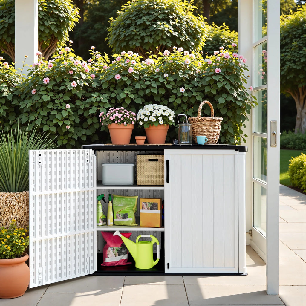 Devoko 26 Cu.ft Resin Outdoor Storage Shed, With Stable Floor and Lockable Door, All-Weather Storage Shed, Beige