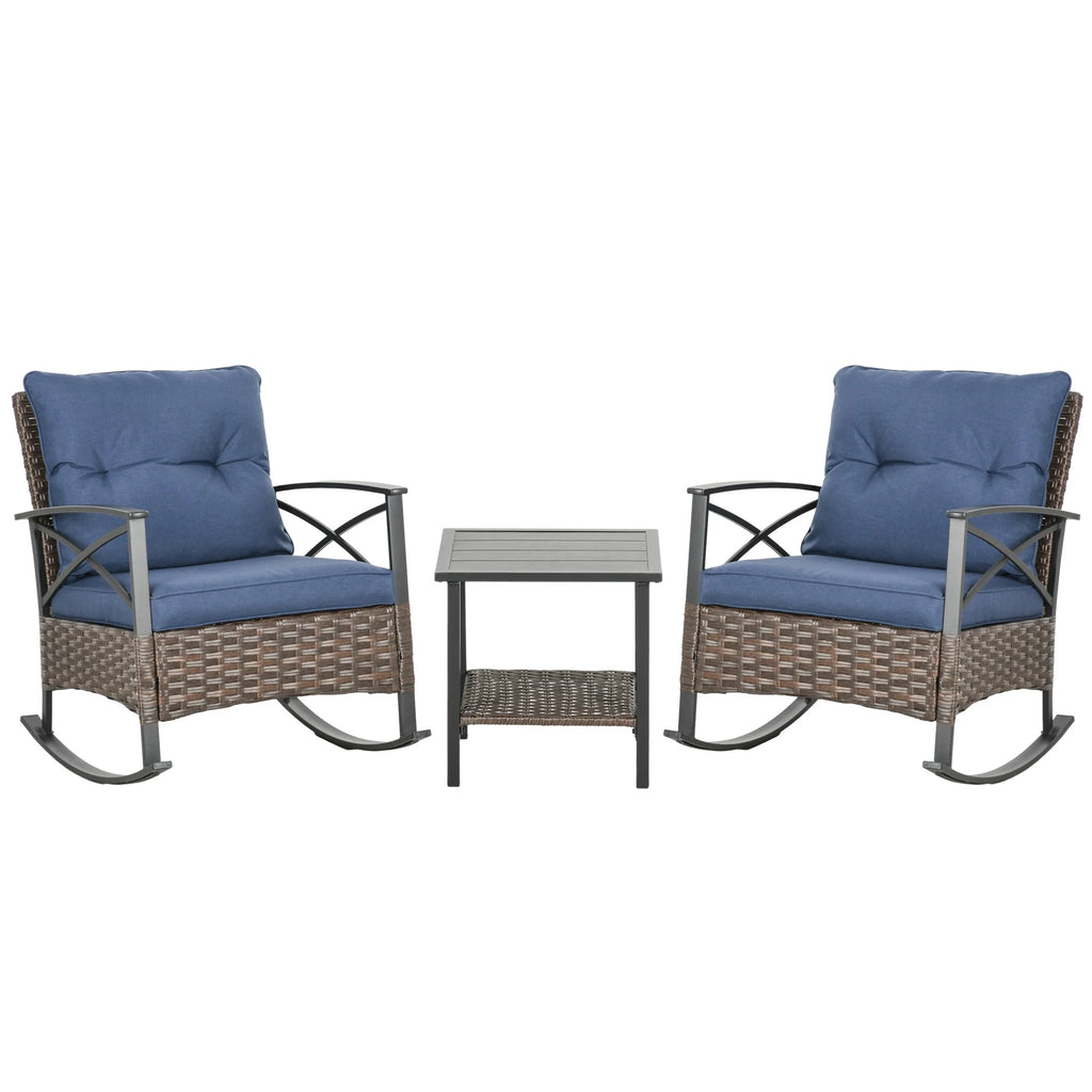 Outsunny 3pc Rocking Chair Set w/ Cushions, Wicker Bistro Set, Blue