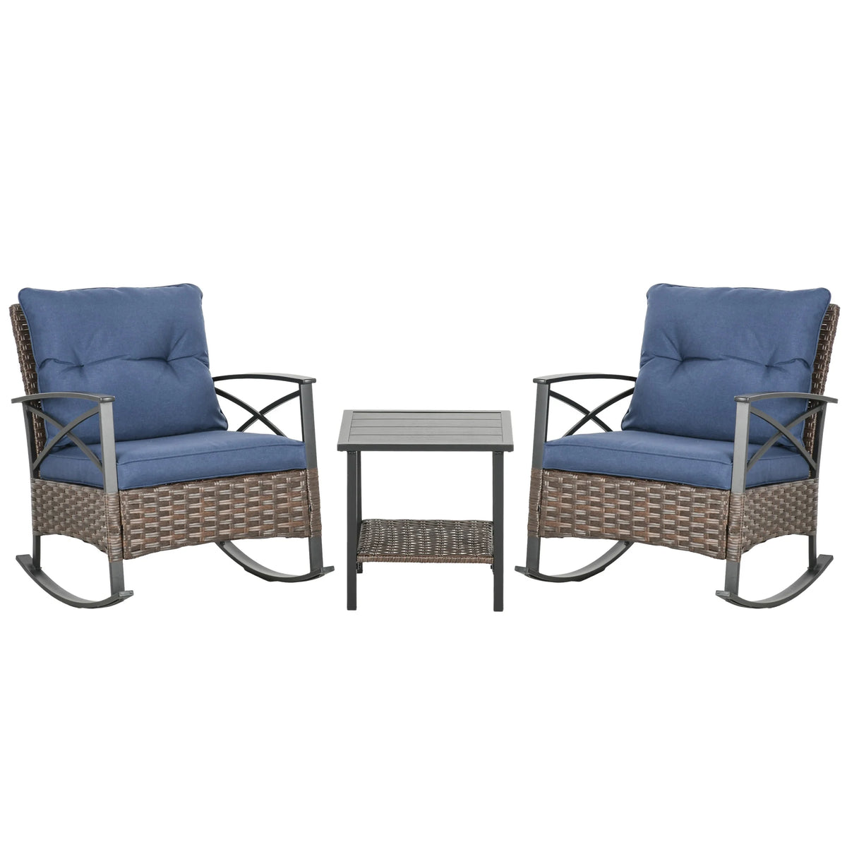 Outsunny 3pc Rocking Chair Set w/ Cushions, Wicker Bistro Set, Blue
