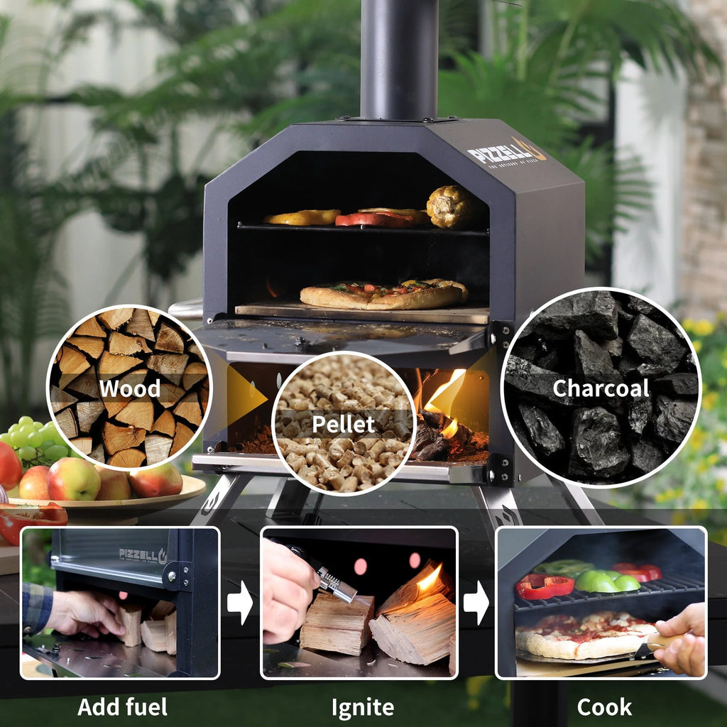 Pizzello Outdoor Pizza Oven Wood Burning for Cooking 2 Pizzas Outside Pizza Maker with Pizza Stone, Pizza Peel, Cover - Black + Silver