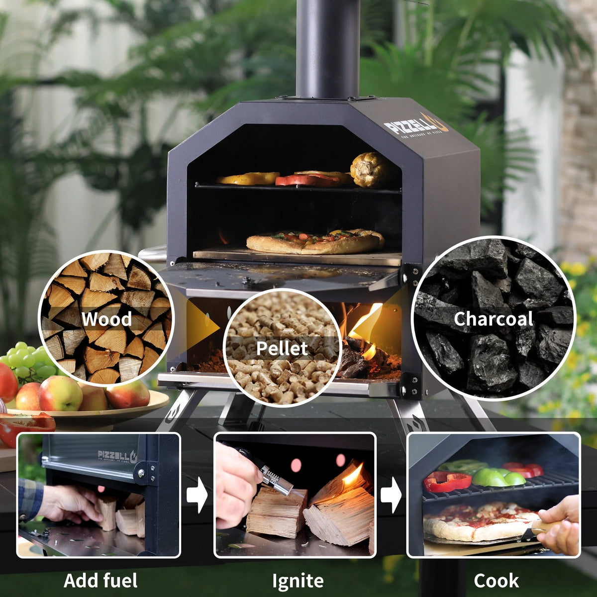 Pizzello Outdoor Pizza Oven Wood Burning for Cooking 2 Pizzas Outside Pizza Maker with Pizza Stone, Pizza Peel, Cover - Black + Silver