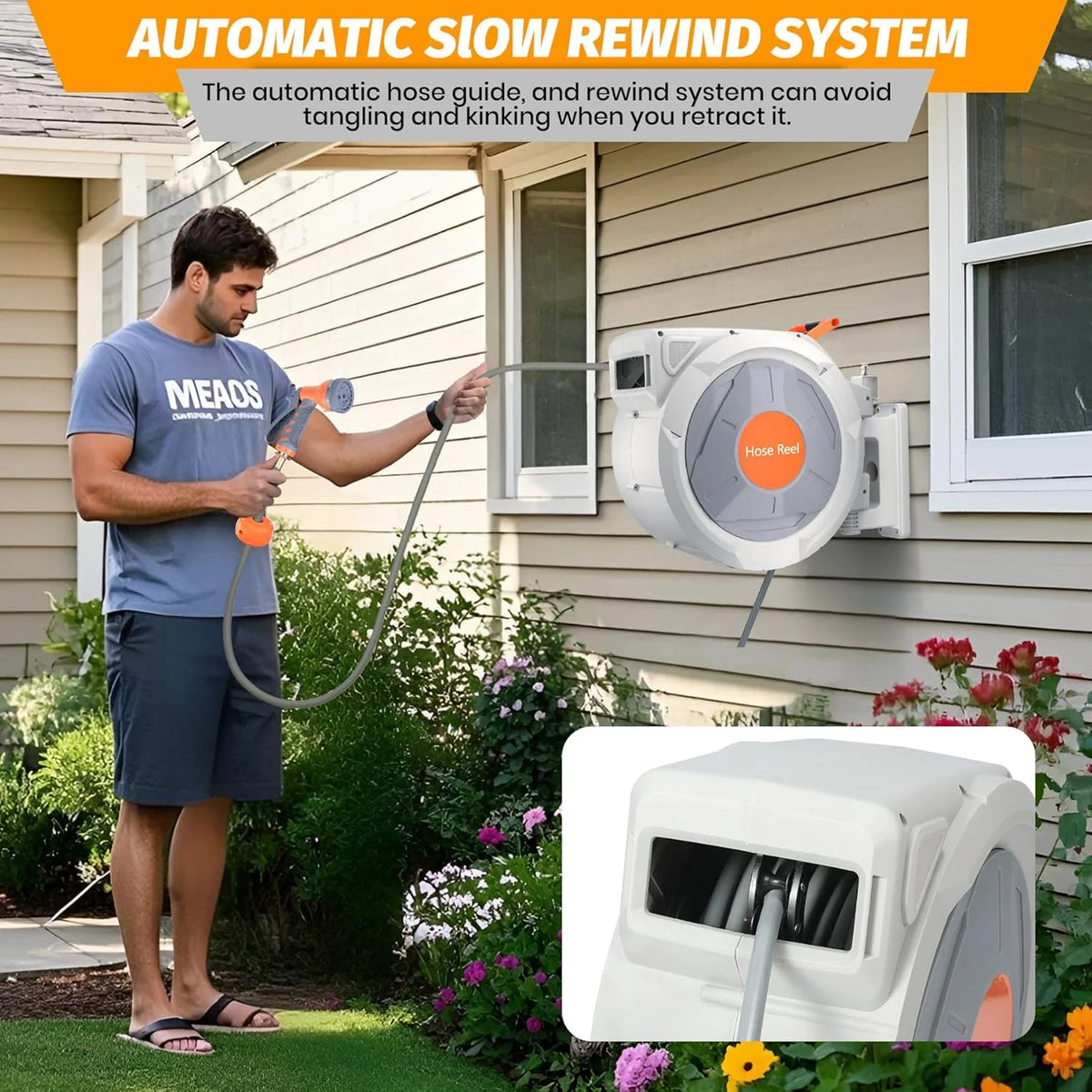Auto-Retract Wall-Mounted Garden Hose Reel w/9-Pattern Nozzle, 180 Swivel & Any-Length Lock, 600PSI Durable