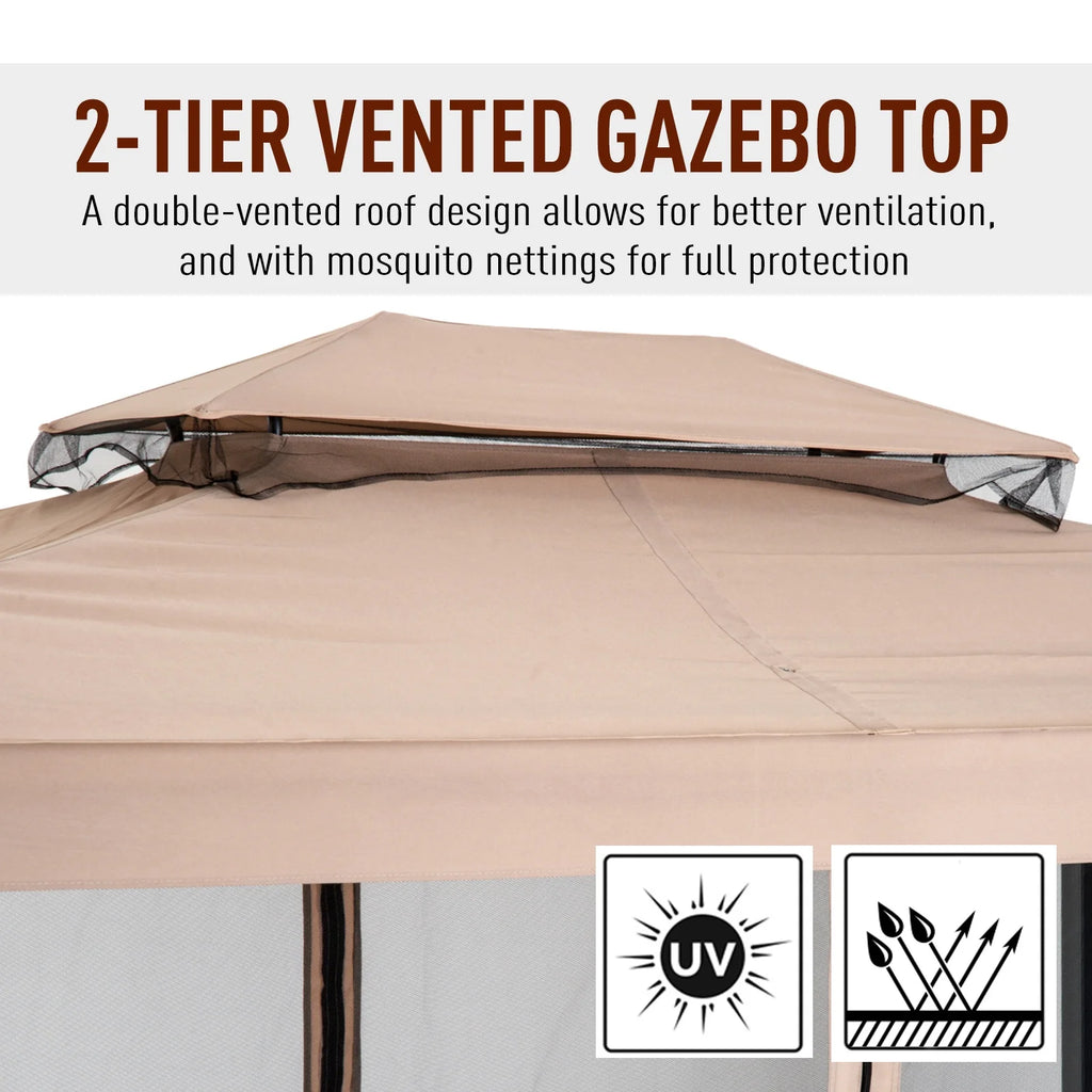 Outsunny 3 Person Patio Swing Chair, Gazebo Swing with Double Tier Canopy, Cushioned Seat, Mesh Sidewalls, gray