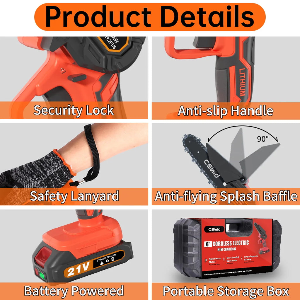 Mini Chainsaw Cordless with 2 Batteries 2 Chains, 2023 Upgrade 6 Inch Best Mini Chain Saw Cordless With Security Lock, Handheld Small Chainsaw for Wood Cutting Tree Trimming, Orange