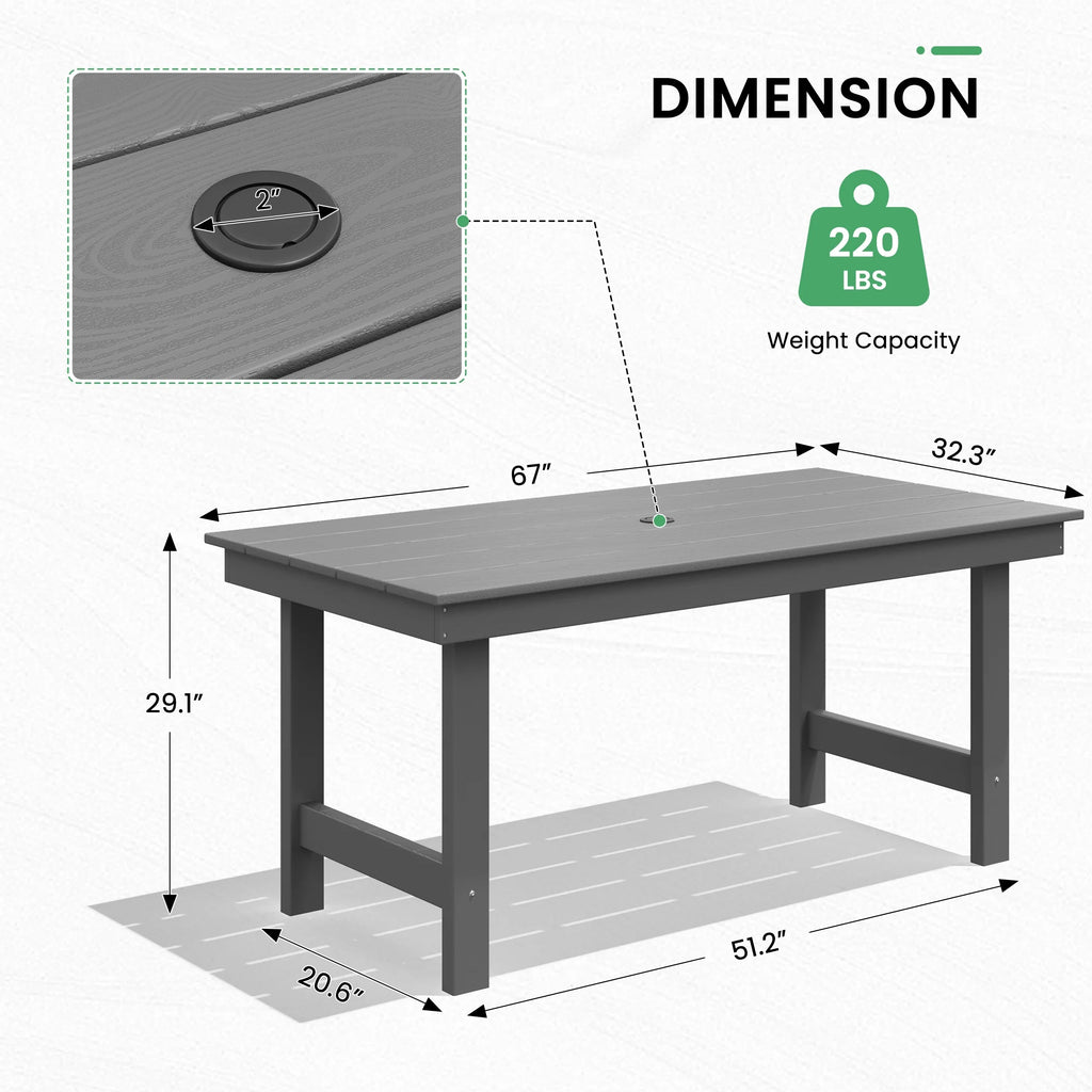 SERWALL Outdoor HDPE Dining Table Set, 7-Piece Outdoor Dining Table Sets with Umbrella Hole, Grey