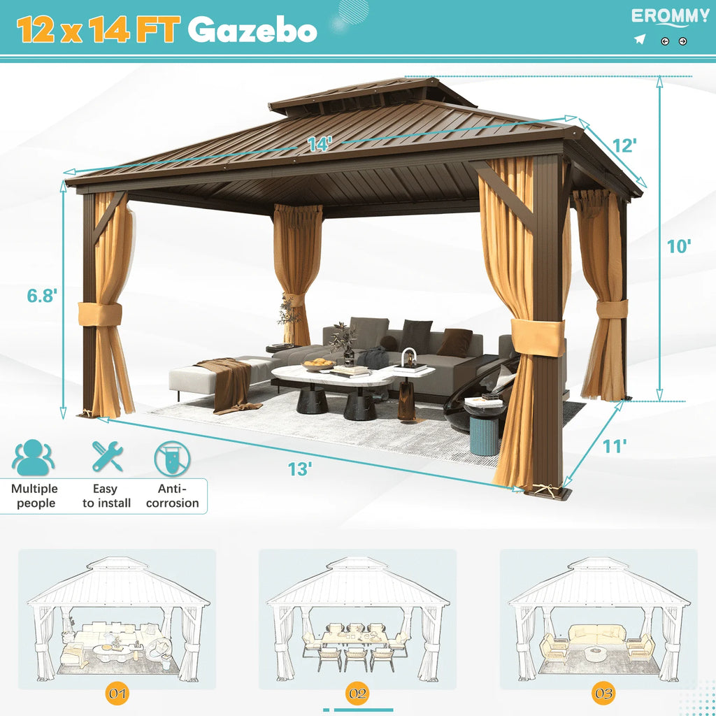 EROMMY 10'x12' Hardtop Gazebo with Galvanized Steel Double Roof & Aluminum Frame