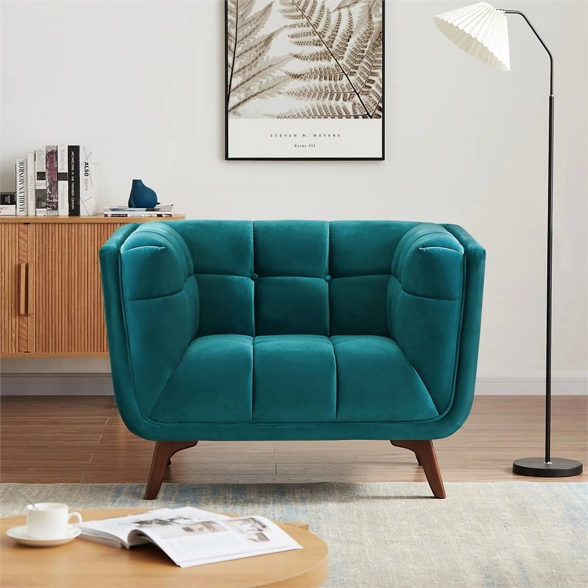 Allen Mid-Century Modern Velvet Upholstered Armchair in Blue