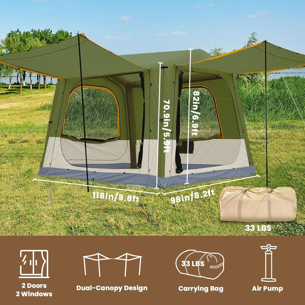 Inflatable Tents for Camping, Blow Up Tent with Canopy, Easy Setup Inflatable Camping Tent with Stove Jack, Waterproof Oxford Air Glamping Tents for Camping Adult 8-10 Person