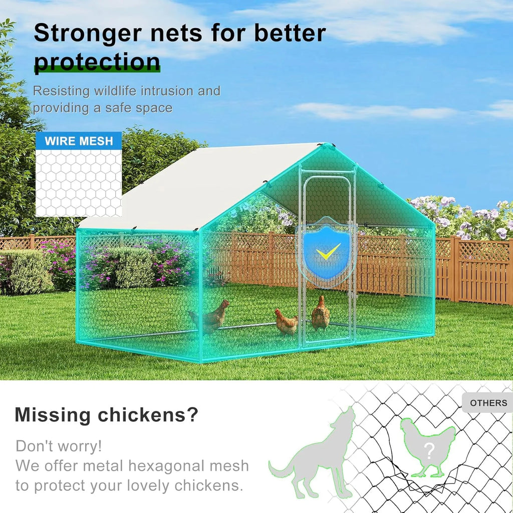 Large Metal Chicken Coop Walk-in Poultry Cage with Waterproof and UV-Resistant Cover Outdoor Chicken Run Hen Rabbit Duck House for Backyard Farm Use Spire Roof(10 W x 4.9 L x 6.4 H)