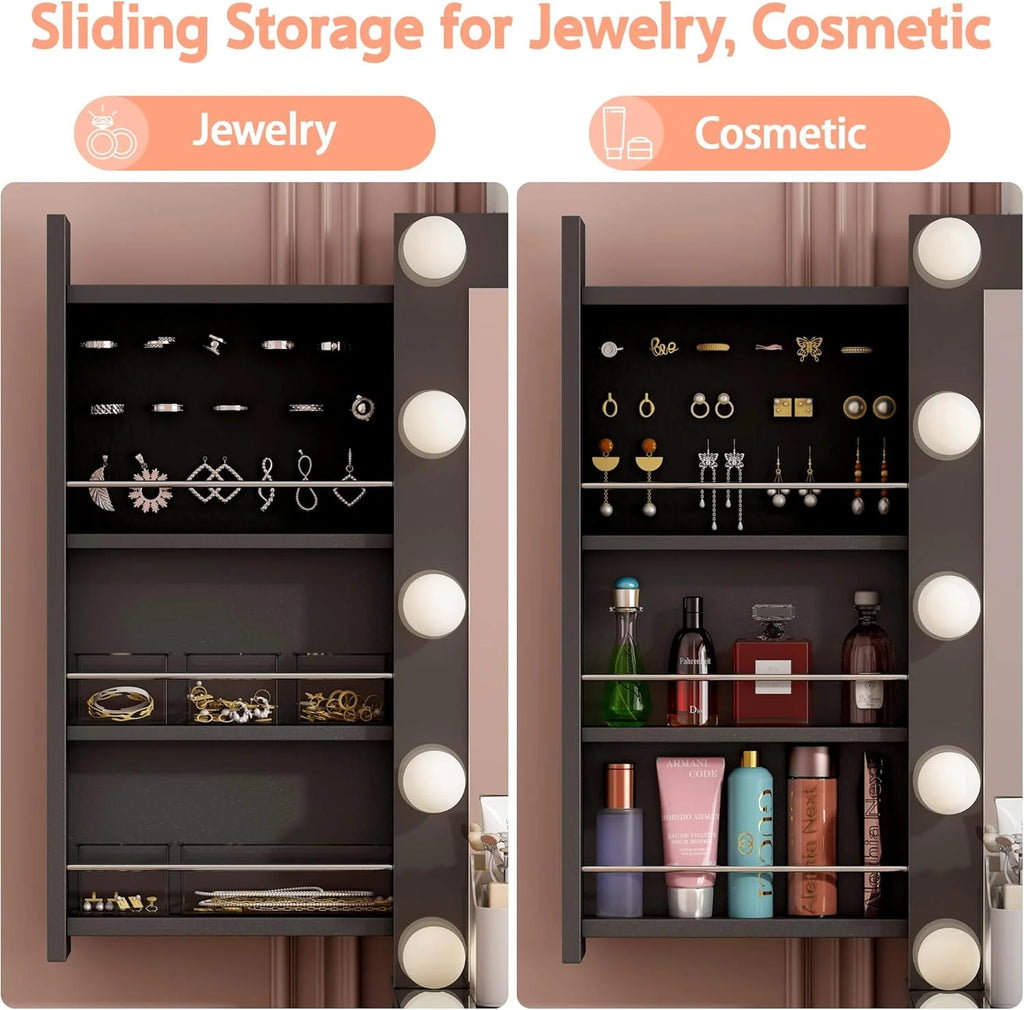 Vanity Desk with Power Outlet, Makeup Vanity with Mirror and 14 LED Light, 3 Lighting Modes,11 Drawer Vanity Table with Sliding Jewelry Storage, Glass Top, Specular Surface