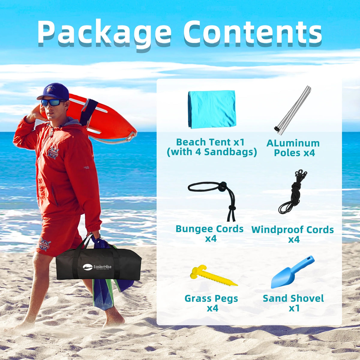 Easierhike 10'x10' Beach Tent Sun Shelter, UPF 50+ Windproof Beach Canopy for 8-10 People, Portable with Carry Bag, Easy Setup for Outdoor, Royal Blue
