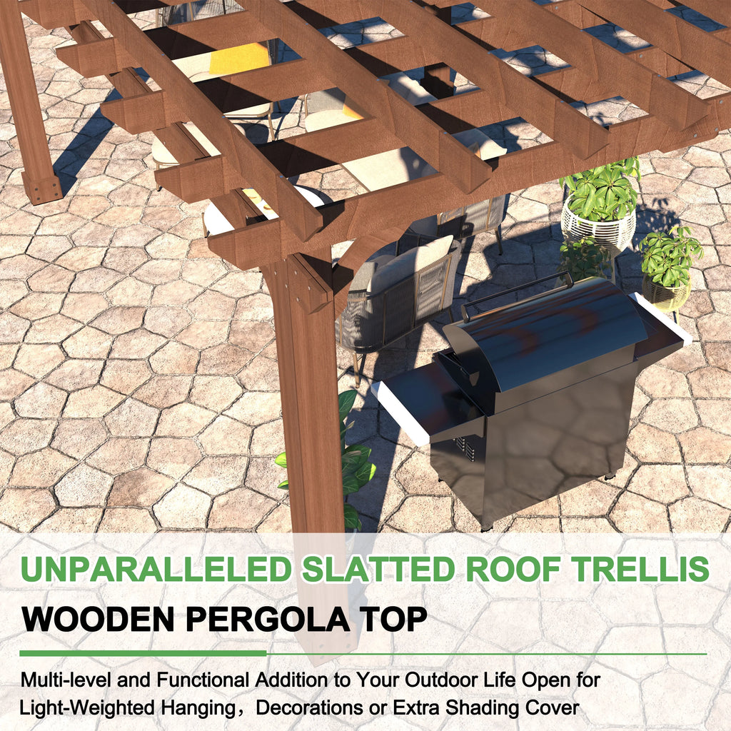 VEIKOUS 12'x10' Cedar Wood Pergola w/ Flat Roof and Ground Stakes for Outdoor Patio, Garden, Deck