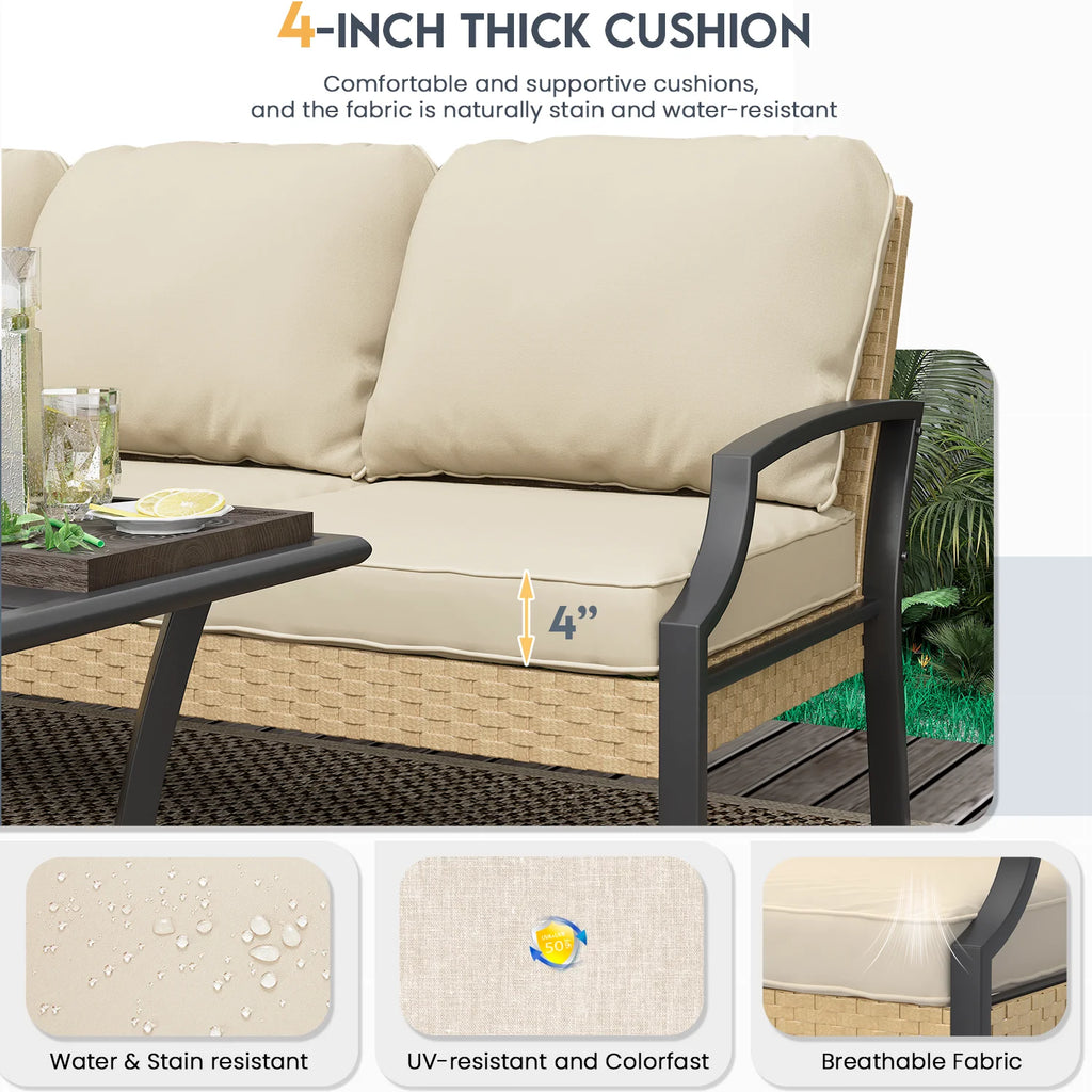 AECOJOY Patio Furniture Sets On Sale,Metal Outdoor Furniture Sets Clearance,Wicker Rattan Patio Conversation Sets For Porch, Garden and Backyard,Beige