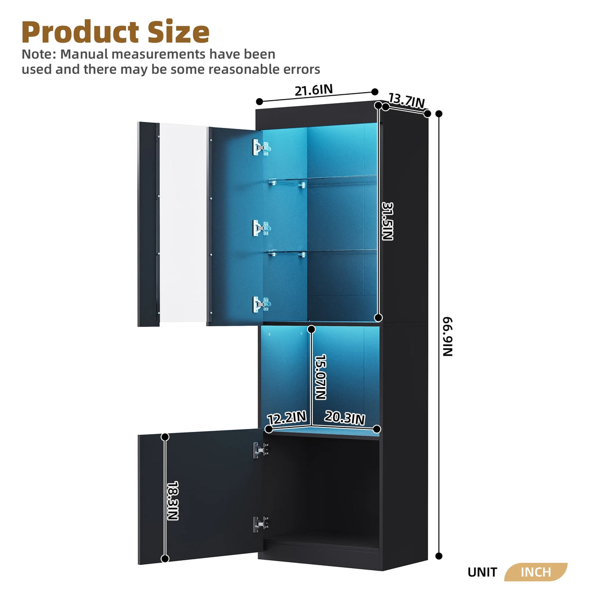 MAYEERTY High Gloss Pantry Cabinet with LED Lights: Modern Bookcase & Display Cabinet for Living Room, Black