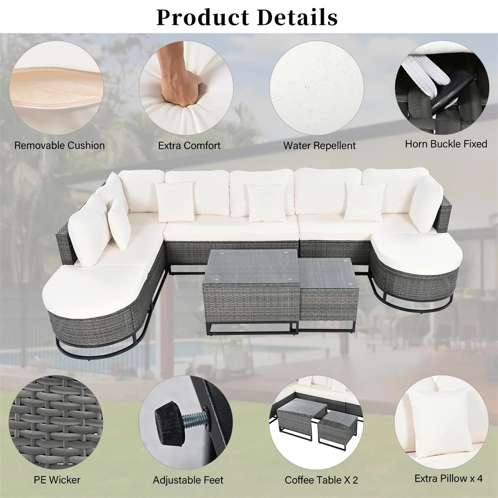 8 Pieces Outdoor Wicker Round Furniture Set, All Weather Half-Moon Sectional Patio Sofa Sets with Rectangular Coffee Table, Beige