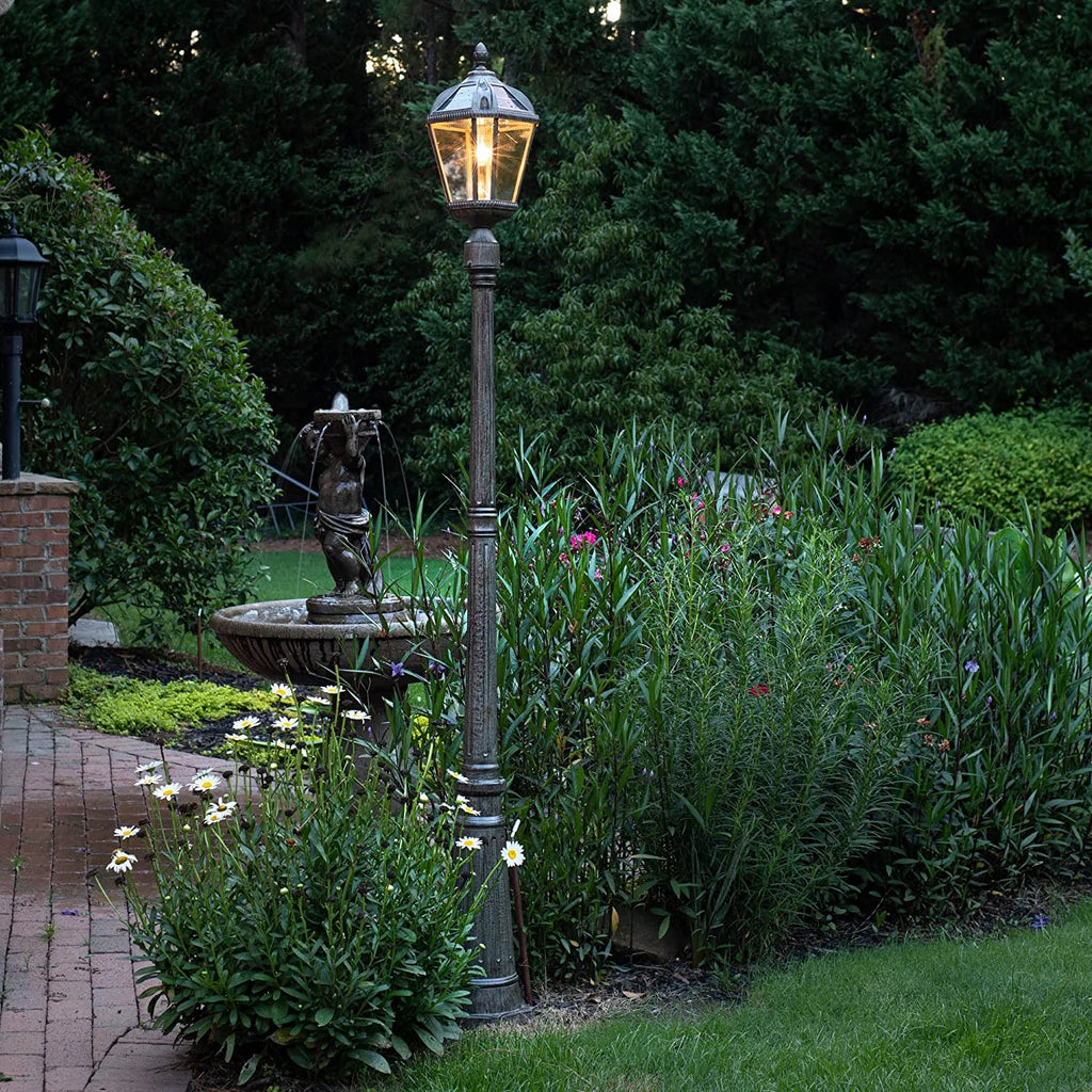 Gama Sonic Solar Outdoor Lamp Post Light, Black Cast Aluminum and Beveled Glass Panels, 10-Year Royal Bulb, Warm White LED with Omni-Direction Reflector, 87-inch Height, 98B001